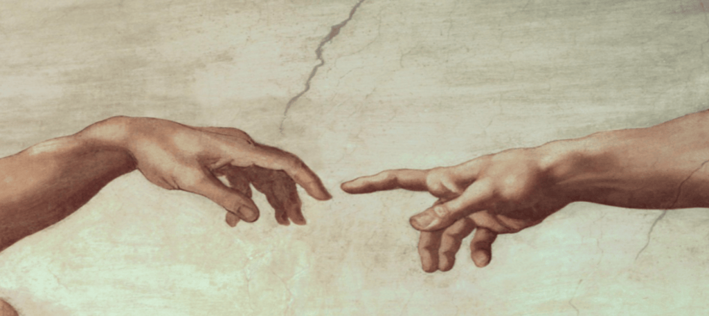 Deze afbeelding toont de hand van God en Adam - die naar elkaar reiken... Deze staan hier symbool voor zoeken naar verbinding 